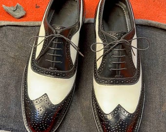 Handmade Black White Spectator Oxfords Shoes, Leather Wingtip Brogue Shoes, Vintage Two Tone mens Dress Shoes, Men's Oxfords Shoes