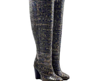 Elsie Handmade Damen Grau Blau Krokodil Prägeleder Lange Stiefel | Knie High Fashion Schuhe: Geschenk für sie