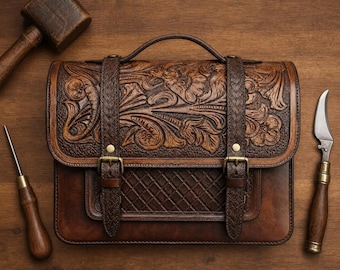 Hand Carved Leather Laptop Bag | Handmade Full Grain Leather Briefcase man | Business Leather Bag for 13 15 17 Inch Laptop