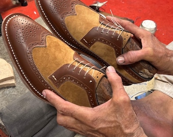 Handmade Brown Leather Suede Brogue mens Oxfords Shoes, Two Tone Wingtip mens Dress Shoes, Classic Leather Oxfords