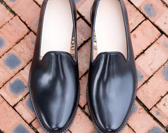 Men’s Black Venetian Loafers | Handmade Plain Toe Leather Shoes | Slip On Formal Dress Loafers