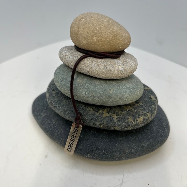 Zen/ Cairn stacked rocks with engraved message and inspirational tag