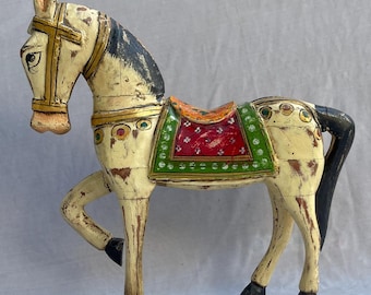 Handcrafted Wooden Horse Figurine, Indian Folk Art, Rustic Home Decor