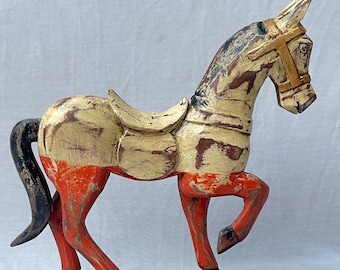 Hand Carved Rearing Wooden Horse Sculpture, Vintage Indian Decor (14 Inch)