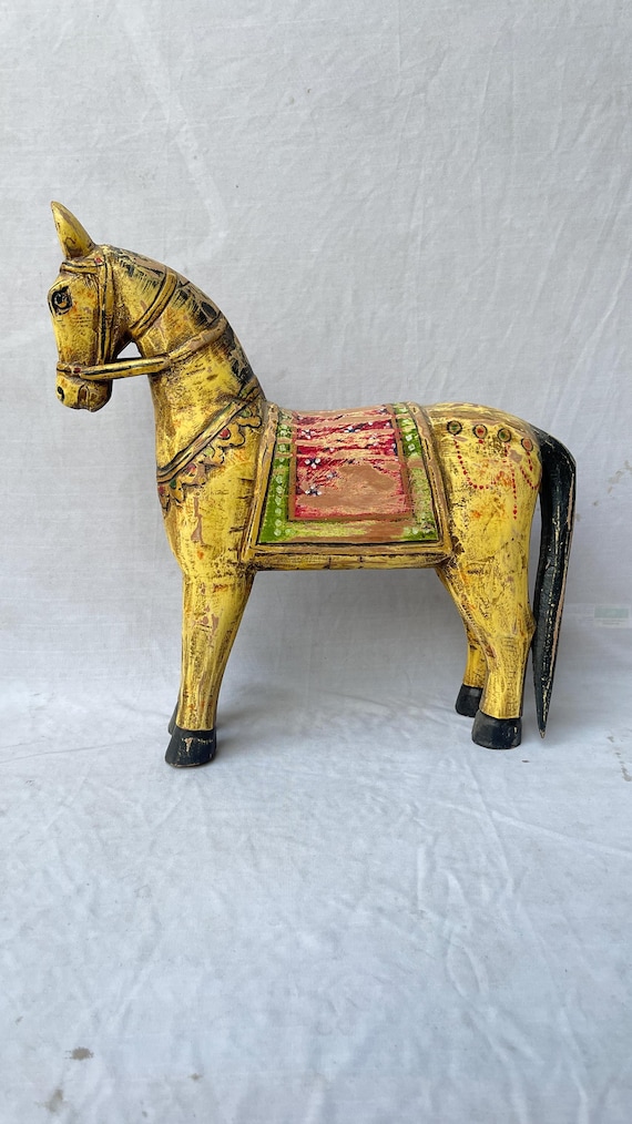 Vintage Hand-Painted Wooden Horse Figurine, Indian Folk Art Decor