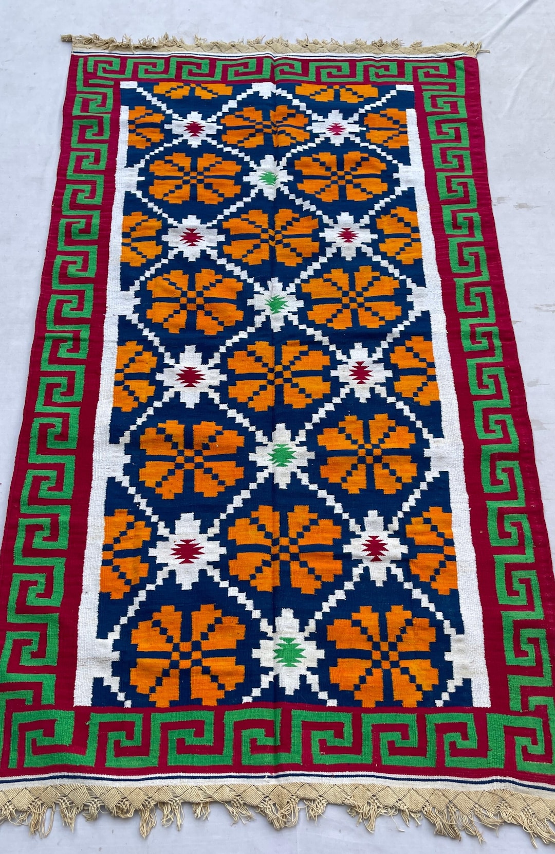 Punjabi Rugs Handwoven Punjabi Dhurrie Rug, Orange Flower Design, Indian Cotton ...