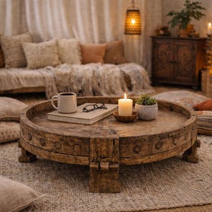 Hand Carved Indian Chakki Table, Reclaimed Wood Coffee Table, Boho Farmhouse Decor