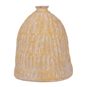 May include: A textured, yellow ceramic vase with a rounded, bell-like form. It features a narrow neck and vertical, ribbed patterns. The surface has a distressed, aged look with white accents, giving it a vintage feel.