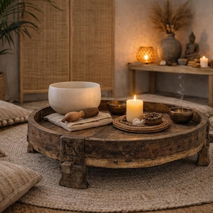 Handgeschnitzter Chakki Tisch, Altholz Couchtisch, Rustikales Boho Dekor
