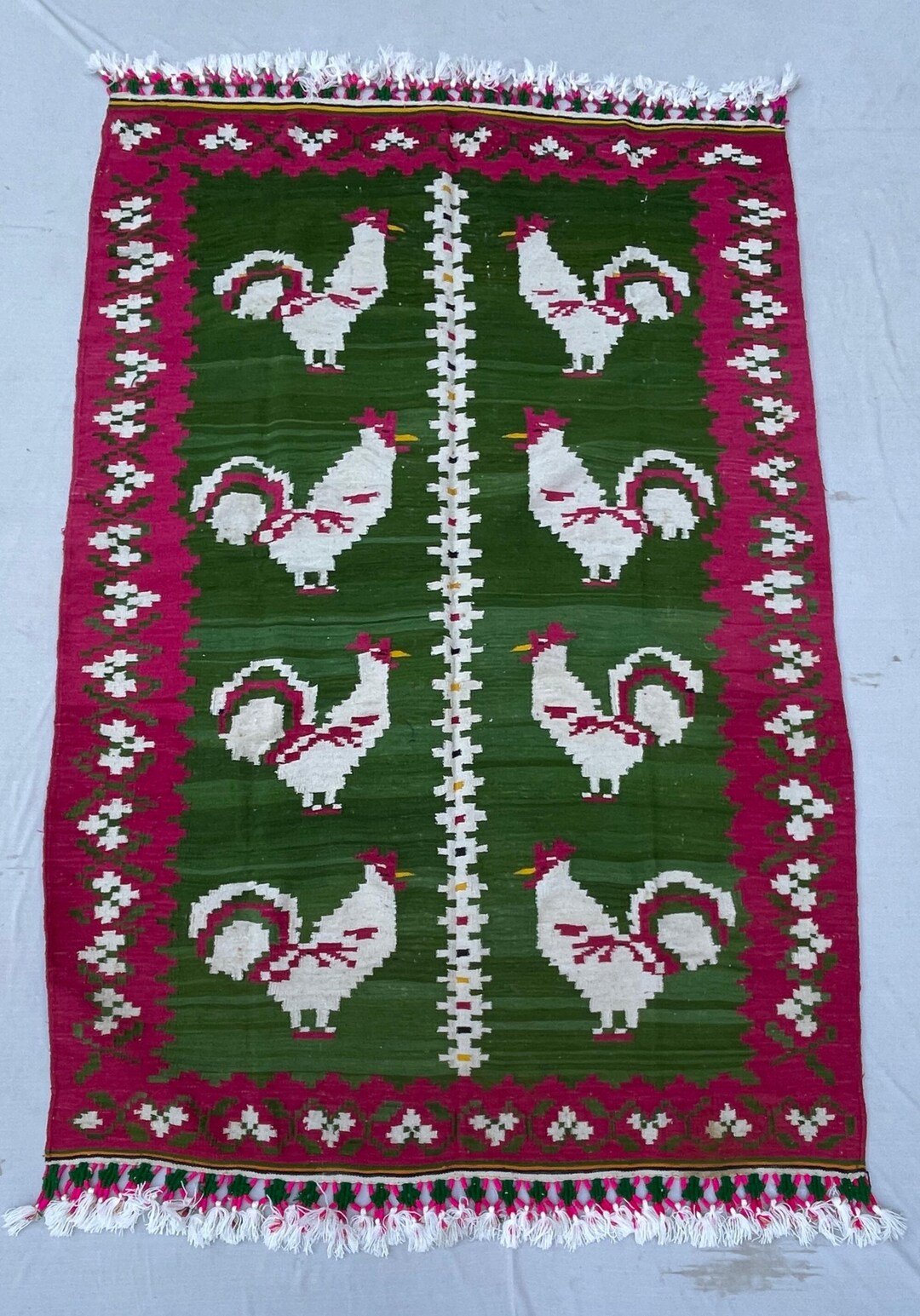 Punjabi Rugs Vintage Chicken Dhurrie Rug, Handwoven Punjabi Folk Art - Etsy