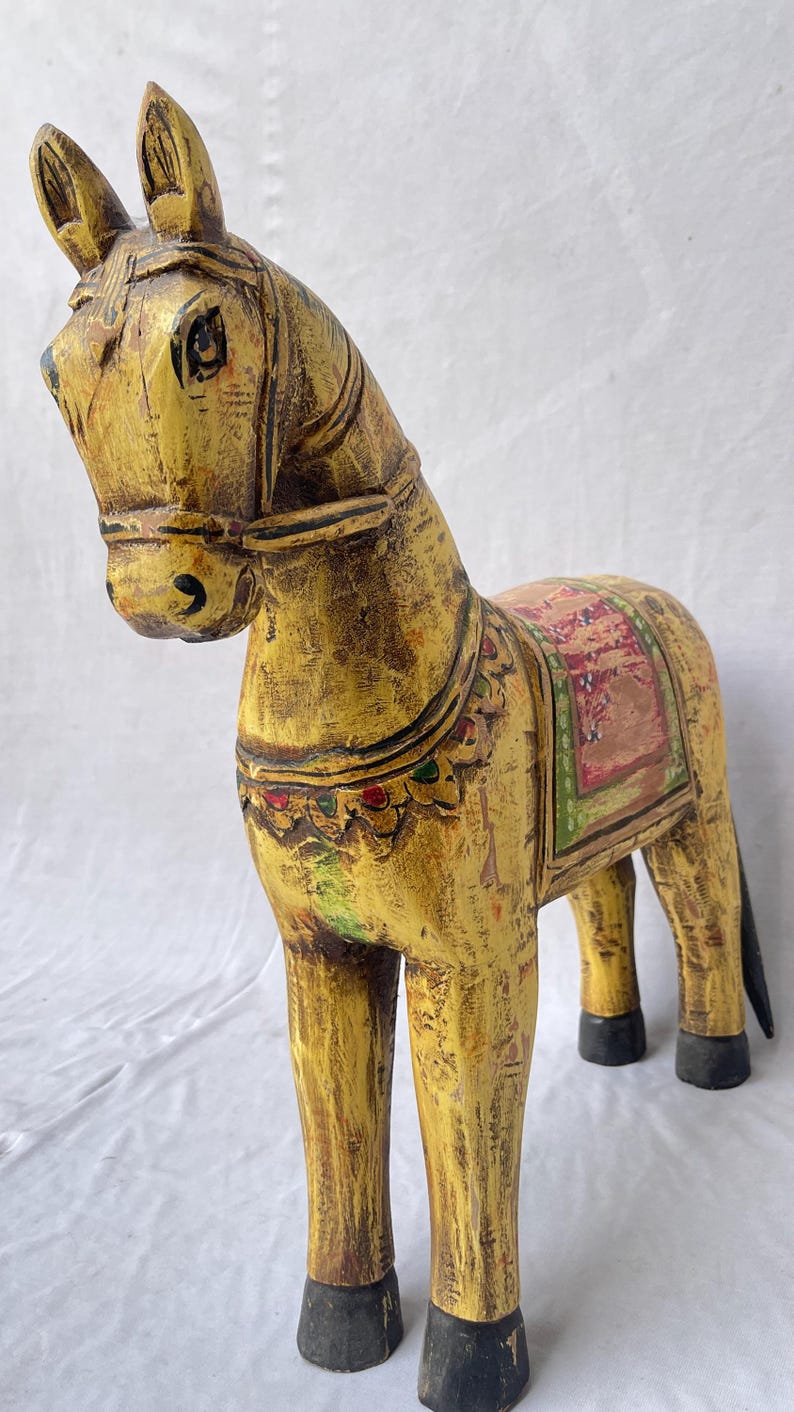 Vintage Hand-Painted Wooden Horse Figurine, Indian Folk Art Decor image 2