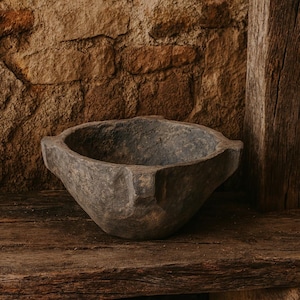 May include: A rustic, hand-carved wooden bowl with a dark, weathered finish. The bowl has a wide, shallow design with two small handles. It sits on a rough-hewn wooden shelf, with a stone wall in the background. The bowl is approximately 30 cm wide.