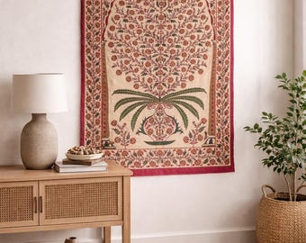 Vintage Kashmiri Silk Wall Hanging, Mughal Tree of Life Embroidery