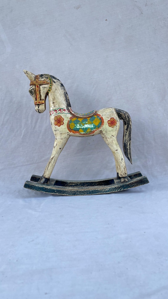 Hand Carved Wooden Rocking Horse, Vintage Indian Folk Art Decor