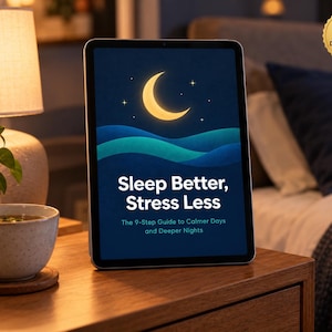 May include: A digital tablet displaying a dark blue graphic with a yellow crescent moon and wavy lines. The text reads: Sleep Better, Stress Less. The 9-Step Guide to Calmer Days and Deeper Nights. A gold circular badge in the corner says Instant Download.
