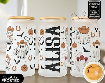 Halloween Iced Coffee Cup, Personalized Ghost Glass Tumbler, Custom Ghost Cup with Lid and Straw, Cute Ghost Glass Can, Fall To Go Cup