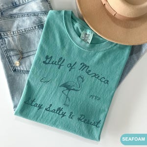 Peut inclure: T-shirt vert mousse avec un graphique de flamant rose et le texte "Gulf of Mexico Est. 1550 Stay Salty & Resist".