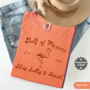 Peut inclure: Un t-shirt orange corail avec un graphique vintage d'un flamant rose et le texte "Gulf of Mexico Est. 1550 Stay Salty & Resist". Le t-shirt a un aspect vieilli et est fabriqu&eacute; par Comfort Colors.