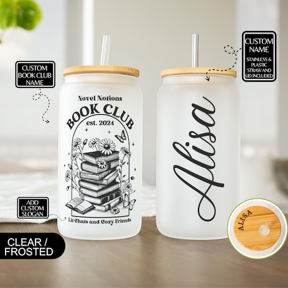 Book Club Ice Coffee Cup, Bookish Club Gift,Book Lover Glass Tumbler, Gift For Bookworm,Custom Book Club Name Tumbler,Reader Iced Coffee Can