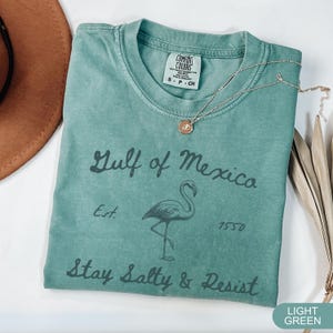 Peut inclure: T-shirt vert clair avec un graphique vintage de flamant rose et le texte "Gulf of Mexico Est. 15570 Stay Salty & Resist".