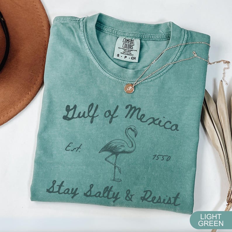 Peut inclure: T-shirt vert clair avec un graphique vintage de flamant rose et le texte "Gulf of Mexico Est. 15570 Stay Salty & Resist".
