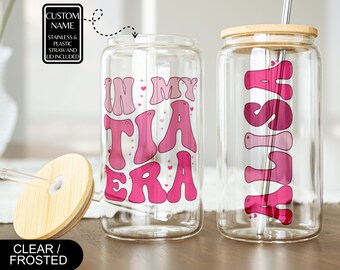 Custom In My Tia Era Gift Customized Tia Glass Iced Coffee Cup Titi Glass Cup Personalized Aunt Gift from Niece Nephew Titi Gift Retro Tia