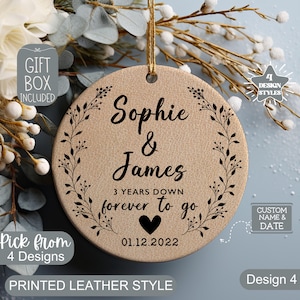 Personalized 3rd Anniversary Ceramic Ornament Leather Look Wedding Anniversary Gift Three Year Anniversary Keepsake Third Anniversary Gift