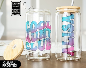Custom Cool Aunt Club Iced Coffee Glass Cup,Gifts for Aunt,Pregnancy Announcement,Promoted to Aunt,Sister Gift,New Aunties Gift,Auntie Retro