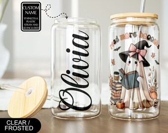Personalized Halloween Coffee Glass, Fall Coffee Glass, Autumn Glass Cup, Spooky Iced Coffee Glass, Cottagecore Fall Cup, Ghost Glass Cup
