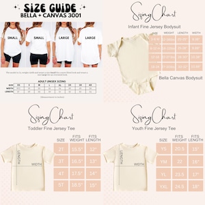 Może przedstawiać: Przewodnik po rozmiarach dla koszulek, body i t-shirt&oacute;w Bella + Canvas 3001. Zawiera rozmiary unisex dla dorosłych, rozmiary body dla niemowląt oraz tabele rozmiar&oacute;w dla t-shirt&oacute;w dla maluch&oacute;w i młodzieży. Wymiary są w calach.