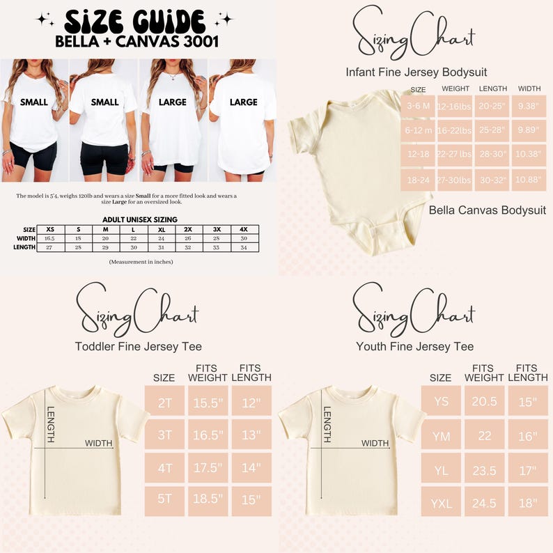 Może przedstawiać: Przewodnik po rozmiarach dla koszulek, body i t-shirt&oacute;w Bella + Canvas 3001. Zawiera rozmiary unisex dla dorosłych, rozmiary body dla niemowląt oraz tabele rozmiar&oacute;w dla t-shirt&oacute;w dla maluch&oacute;w i młodzieży. Wymiary są w calach.