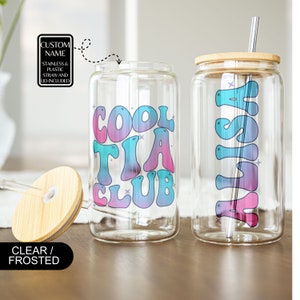 Custom Cool Tia Club Gift For Aunt Tia Personalized Glass Cup, Custom Name Tia Day Glass Tumbler,Tia Announcement Gift, NewTia Birthday Gift