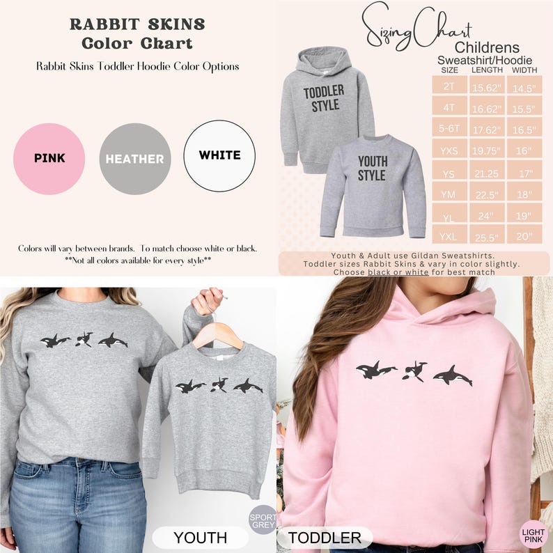 May include: A color chart for Rabbit Skins toddler hoodies, showing three color options: pink, heather grey, and white. The chart also includes a sizing chart for children's sweatshirts and hoodies, with measurements in inches. The image shows a toddler hoodie in grey, a youth hoodie in grey, and a toddler hoodie in pink.