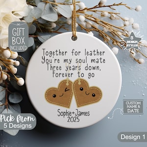 Personalized 3rd Anniversary Ceramic Ornament Leather Look Wedding Anniversary Gift Three Year Anniversary Keepsake Third Anniversary Gift