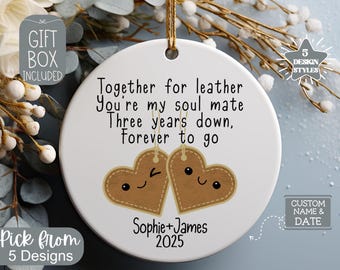 Personalized 3rd Anniversary Ceramic Ornament Leather Look Wedding Anniversary Gift Three Year Anniversary Keepsake Third Anniversary Gift