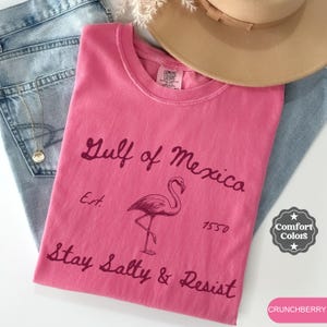 Peut inclure: T-shirt rose avec un graphique de flamant rose et le texte "Gulf of Mexico Est. 1550 Stay Salty & Resist".