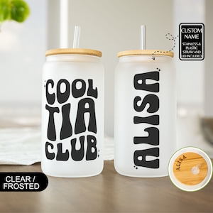 Custom Cool Tia Club Customized Tia Glass Iced Coffee Cup Titi Glass Cup Personalized Aunt Gift from Niece Nephew Titi Gift Retro Tia Gift