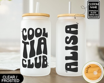 Custom Cool Tia Club Customized Tia Glass Iced Coffee Cup Titi Glass Cup Personalized Aunt Gift from Niece Nephew Titi Gift Retro Tia Gift