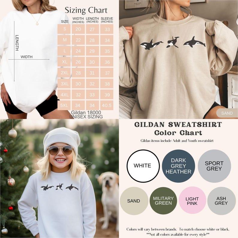 May include: A sizing chart for Gildan 18000 unisex sweatshirts, showing width, length, and sleeve measurements in inches for sizes S through 5XL. A color chart shows the available colors: white, dark grey heather, sport grey, sand, military green, light pink, and ash grey. The image also shows a model wearing a white sweatshirt with a black whale graphic.