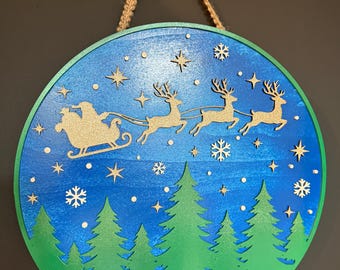 Santa Reindeer Christmas Door Sign | 14" Layered Wood Holiday Decor | Merry Christmas Wall Hanging