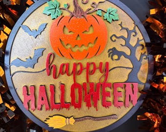 Scary Pumpkin Happy Halloween Sign /  Wooden Door or Wall sign / Made to Order