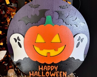 Hand-Painted Halloween Ghost and Pumpkin Wood Sign | Spooky Autumn Door Hanger