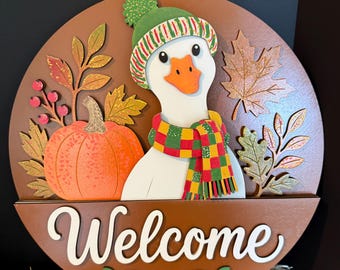 Fall Goose Welcome Sign, Autumn Door Hanger, Hand Painted Wood, Pumpkin Decor