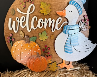Fall Goose Welcome Sign | Autumn Door Hanger | Pumpkin decor | Hand-painted | Thanksgiving