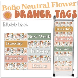 Boho Neutral Floral Blumenwagen Etiketten *10 Schubladen Wagen*