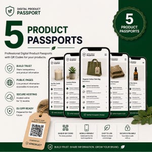 Puede incluir: Cinco teléfonos inteligentes muestran interfaces de pasaporte de producto digital para artículos como una vela, planta, bolsa, suéter y suero. Una etiqueta color canela con un código QR está en primer plano. Texto: 5 PRODUCT PASSPORTS.