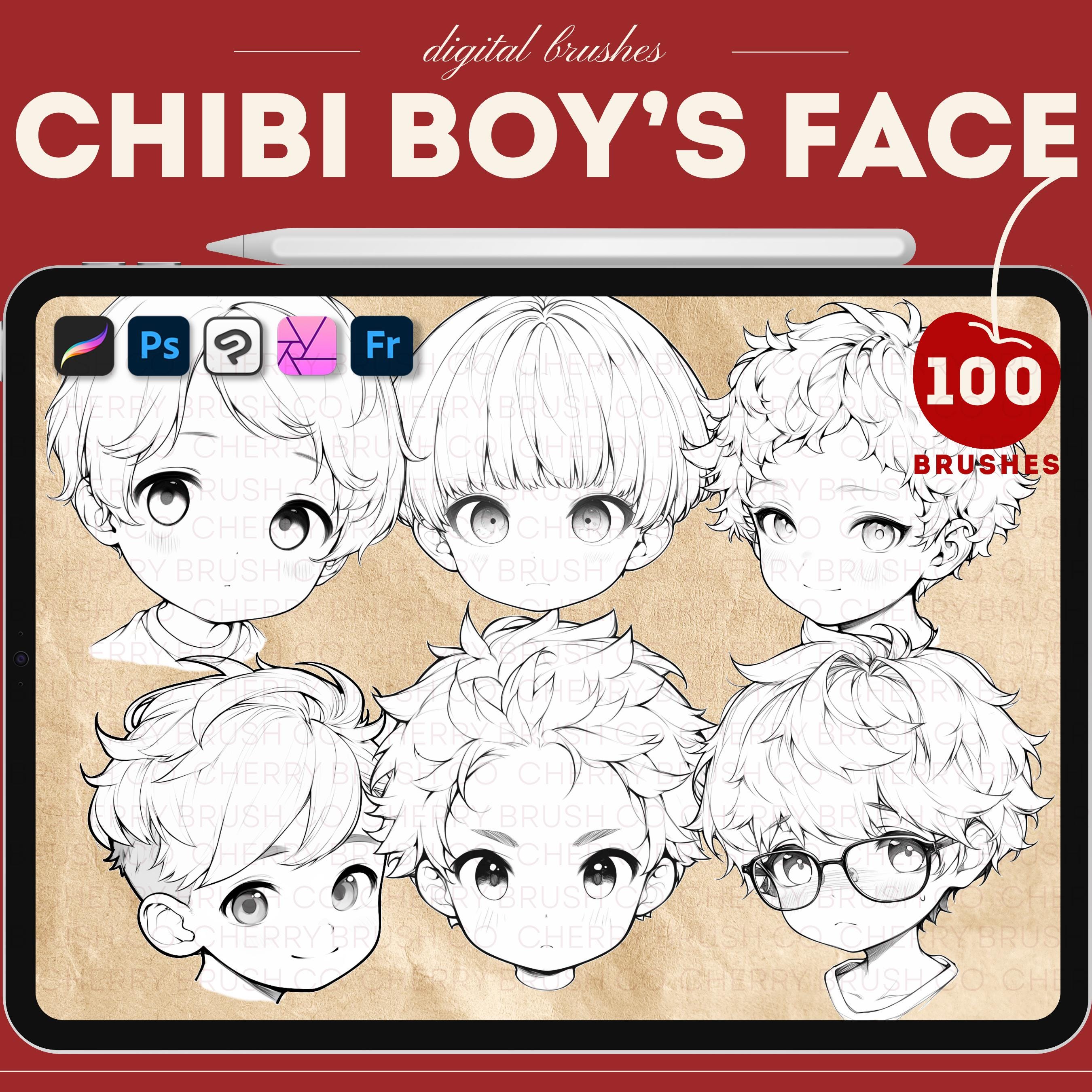 Procreate Chibi Boy Face Stamps – 100+ Anime Male Head & Hair Brush Stamps for Procreate, Photoshop, CSP