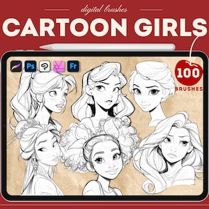 Procreate cartoon girl princess brushes. Procreate Cartoon female face stamps. Photoshop cartoon princesses heads brushes. Clip studio paint