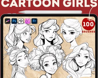 100 Cartoon Princess Brushes for Procreate, Photoshop (Digital Download)