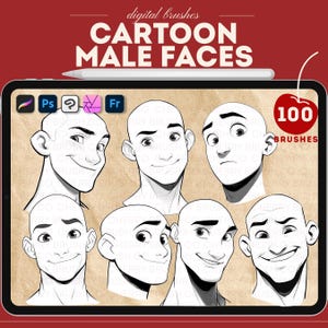 Pinceles de caras masculinas de dibujos animados de Procreate. Sellos de príncipes de dibujos animados de Procreate. Pinceles de cabeza masculina de dibujos animados de Photoshop. Pinceles de Clip Studio